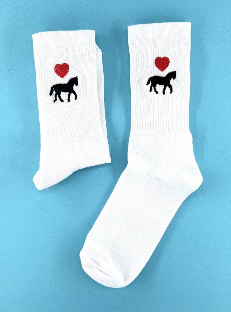 Pferd | Bestickte Socken Tennissocken Weiß Baumwolle Mit Pferde Und Herz von KreativAtelierStick
