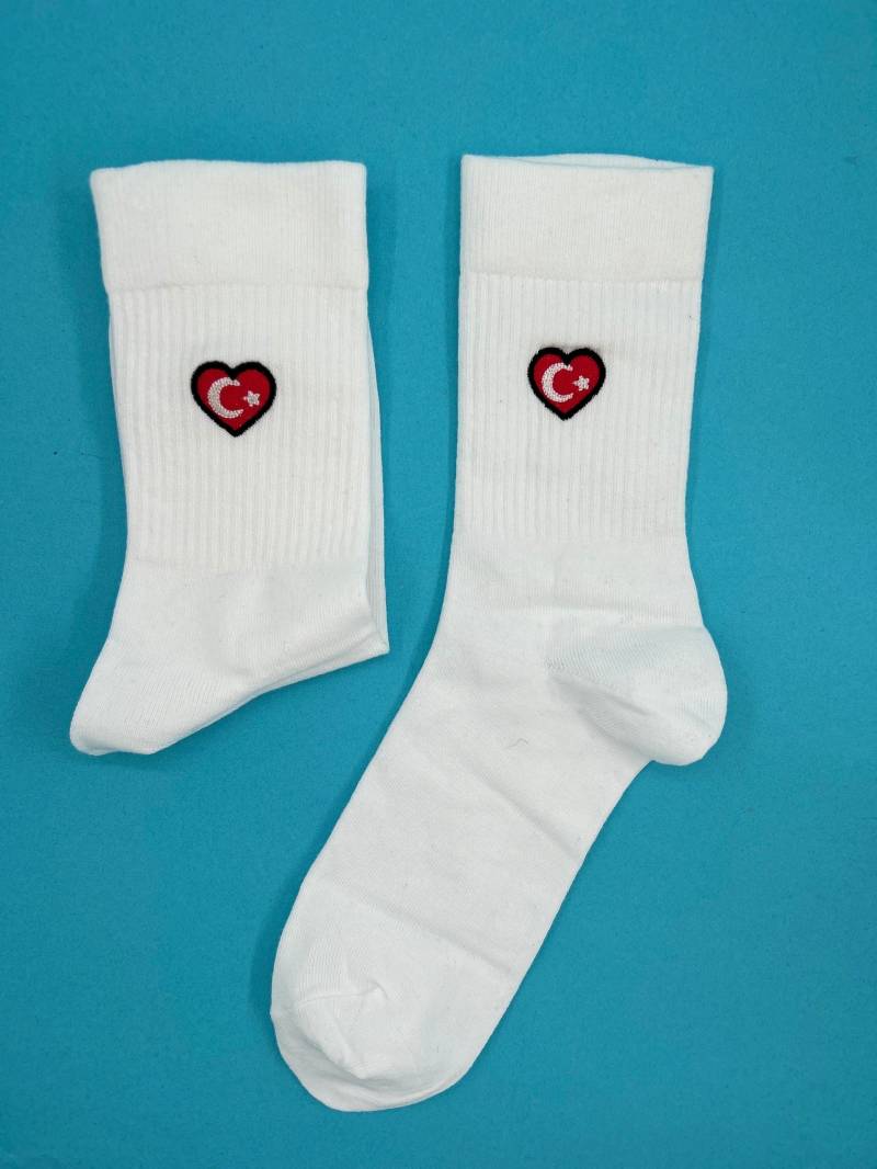 Türkei Flagge Herz | Bestickte Socken Tennissocken Weiß Baumwolle von KreativAtelierStick