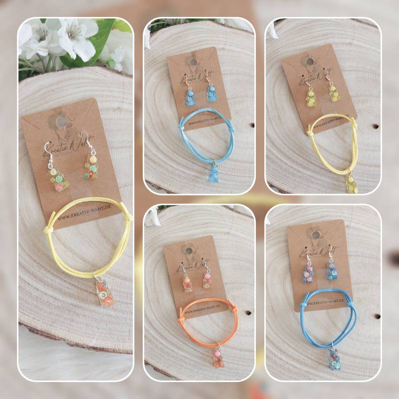 2Er-Set „Gummibärchen" Wildleder Armband Verstellbar Ohrringe Ohrstecker Schmuck Kinderschmuck Anhänger Schmuckset Früchte Geschenk von KreativNahtShop