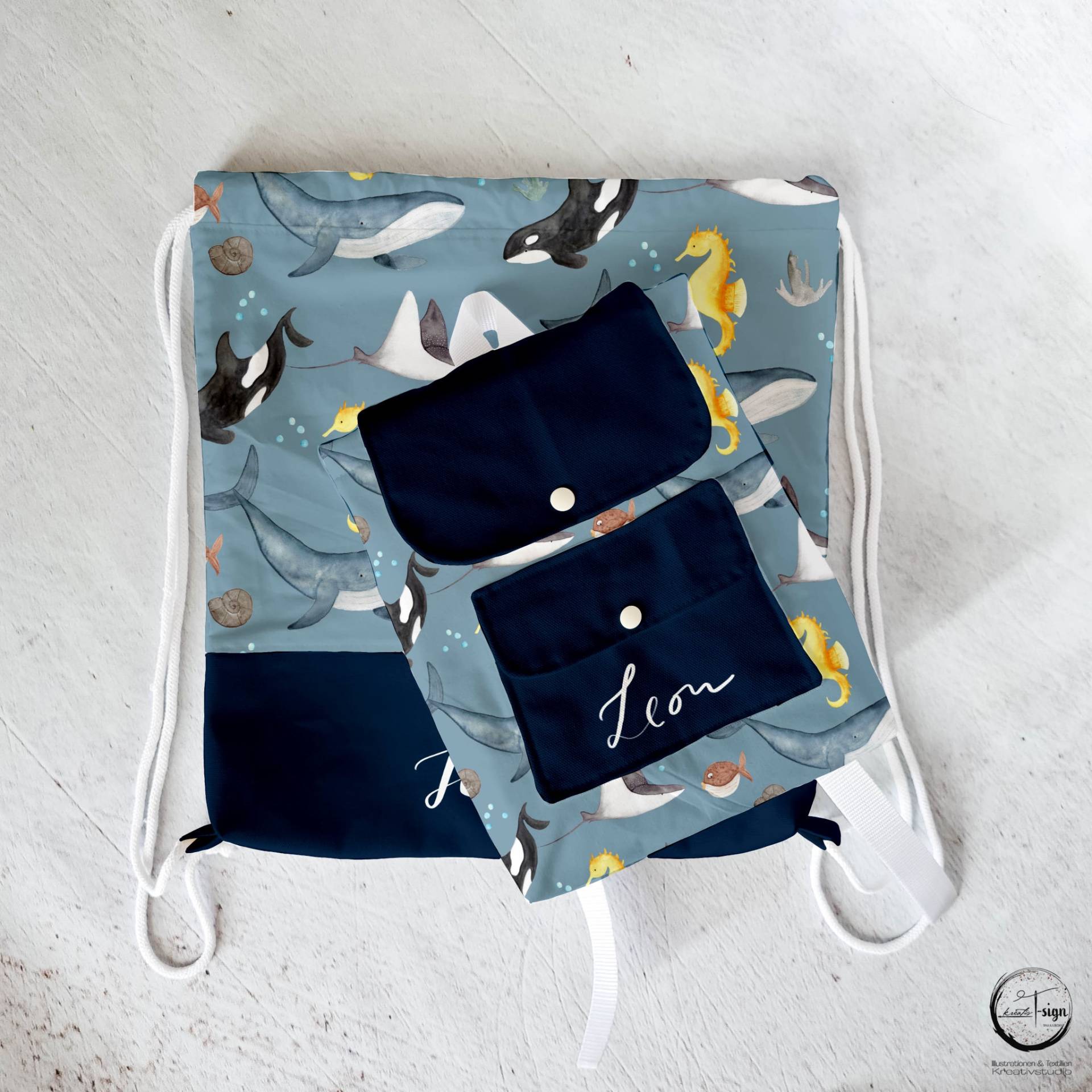 Kita-Set Kinderrucksack Mit Turnbeutel/ Wäschesack "Deep Sea Family Blau" | Vorbestellung von KreativTsignKIDS