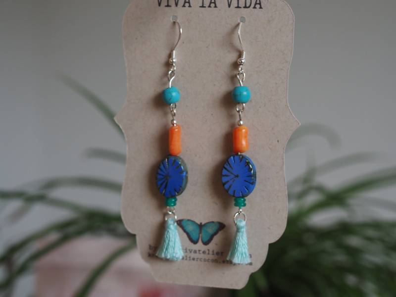 Ohrschmuck Mit Türkisfarbenen Quasten, Silberhaken 925, Bohostil, Quastenohrschmuck, Vielfarbig, Div. Glasperlen Und Steine, Länge 7, 5 cm Ohrschmuck Mit Türkisfarbenen Quasten, Silberhaken 925, Bohostil, Quastenohrschmuck, Vielfarbig, Div. Glasperlen Und Steine, Länge 7, 5 cm von KreativatelierCocon