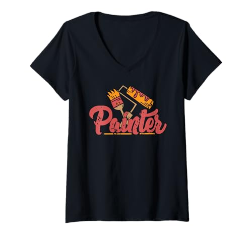 Damen Vintage Malerrolle Pinsel Handwerk Spruch T-Shirt mit V-Ausschnitt Damen Vintage Malerrolle Pinsel Handwerk Spruch T-Shirt mit V-Ausschnitt von Kreative Arbeitsfreude Für Farbliebhaber
