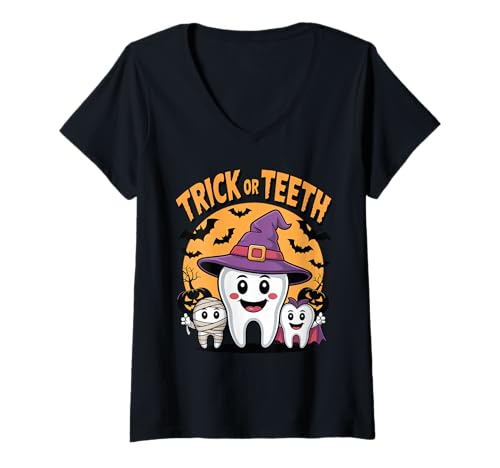 Damen Trick Or Teeth Lustige Halloween Zähne T-Shirt mit V-Ausschnitt von Kreative Halloween Spaß Zähne Hexenhut