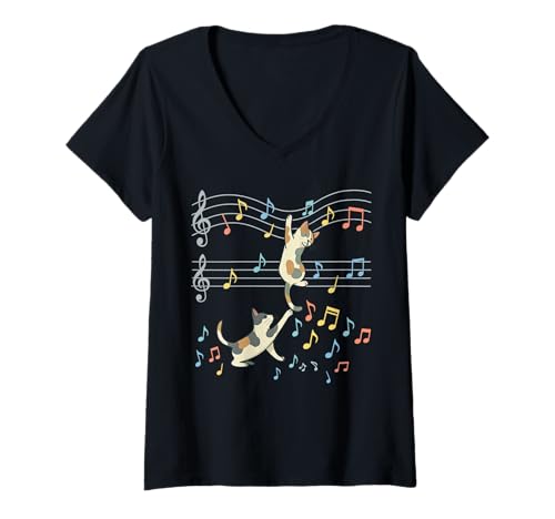 Damen Katzen und Musik, Verspieltes Katzenmotiv für Musikliebhaber T-Shirt mit V-Ausschnitt Damen Katzen und Musik, Verspieltes Katzenmotiv für Musikliebhaber T-Shirt mit V-Ausschnitt von Kreative Katzenkunst