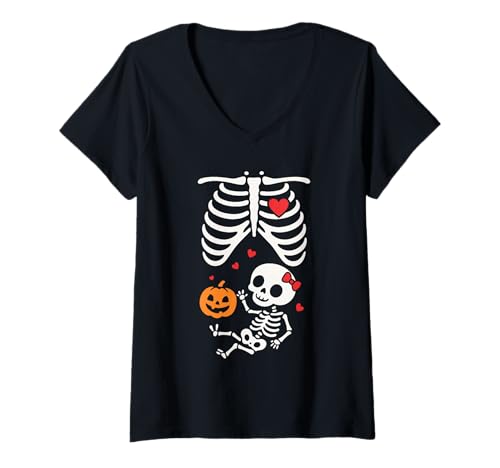 Damen Röntgenkäfig mit schwangerem Baby Skelett Halloween Lustiges T-Shirt mit V-Ausschnitt von Kreative Schwangerschaftsankündigung Designs