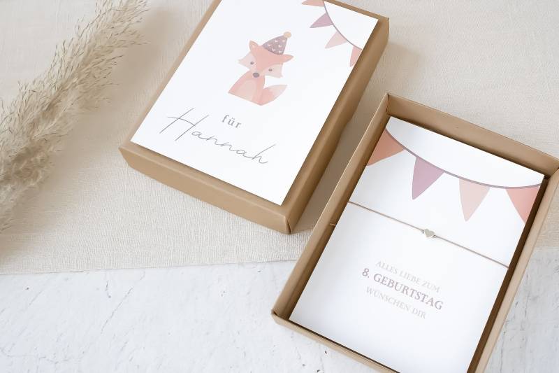 Geschenk-Set Geburtstag Kind | Geschenkbox Geschenkkarte Mit Makramee Armband Geburtstagskarte Geschenkidee Fuchs Kindergeschenk von KreativePerlenStube