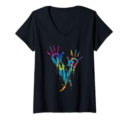 Damen Bunte Hände Farbenpracht T-Shirt mit V-Ausschnitt von Kreatives Design Motiv von kd
