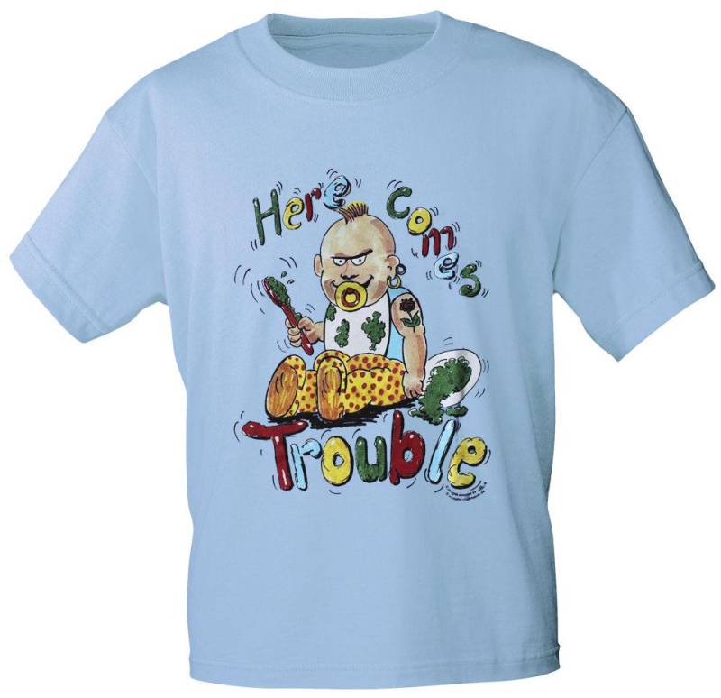 Kinder T-Shirt Print - Here Comes Trouble Gr. 86-164 08139 Hellblau von Kreativhaeuschen