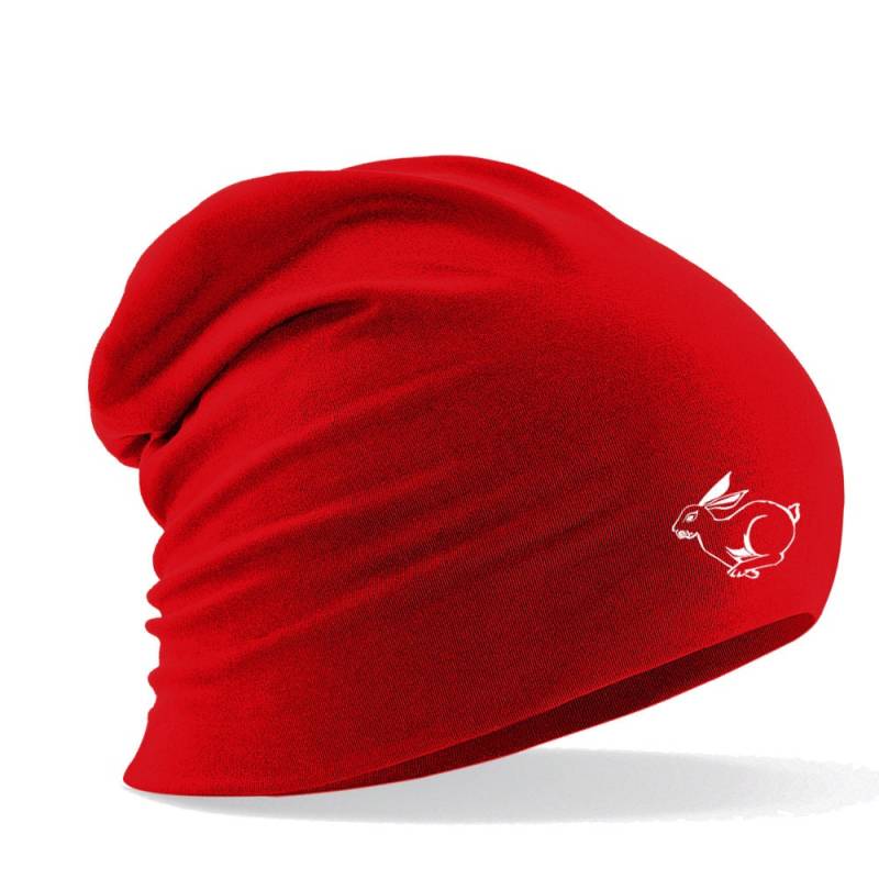 Longbeanie Slouch-Beanie Sommerbeanie Mit Textildruck - Hoppelnder Hase in 5 Versch. Farben von Kreativhaeuschen