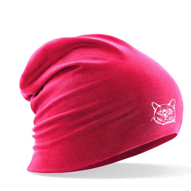 Longbeanie Slouch-Beanie Sommerbeanie Mit Textildruck - Katzenkopf in 6 Versch. Farben von Kreativhaeuschen