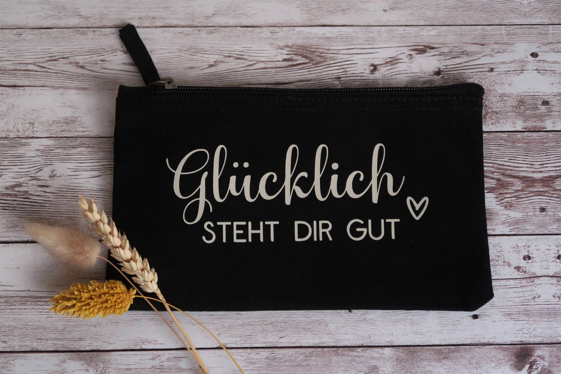 Kosmetiktasche Schwarz, Schminktäschchen, Bio Baumwolle, "Glücklich Steht Dir Gut", Geschenk Für Frauen von Kreativiani