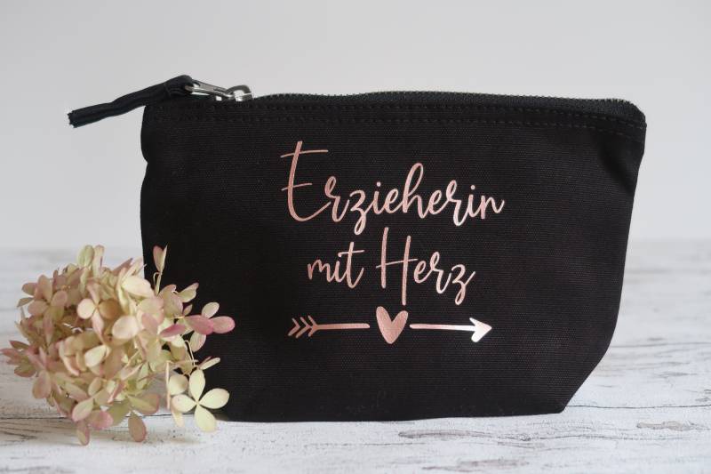 Kosmetiktasche Schwarz /Rosegold "Erzieherin Mit Herz", Stiftetasche, Geschenk Kindergarten, Abschied von Kreativiani