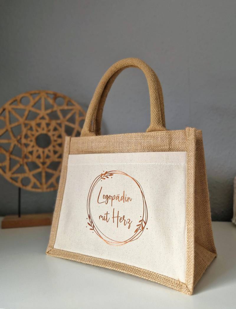Shoppingtasche Jute Klein Oder Groß "Logopädin Mit Herz", Natur/Kupfer, Jutetasche, Geschenk Logopädin von Kreativiani