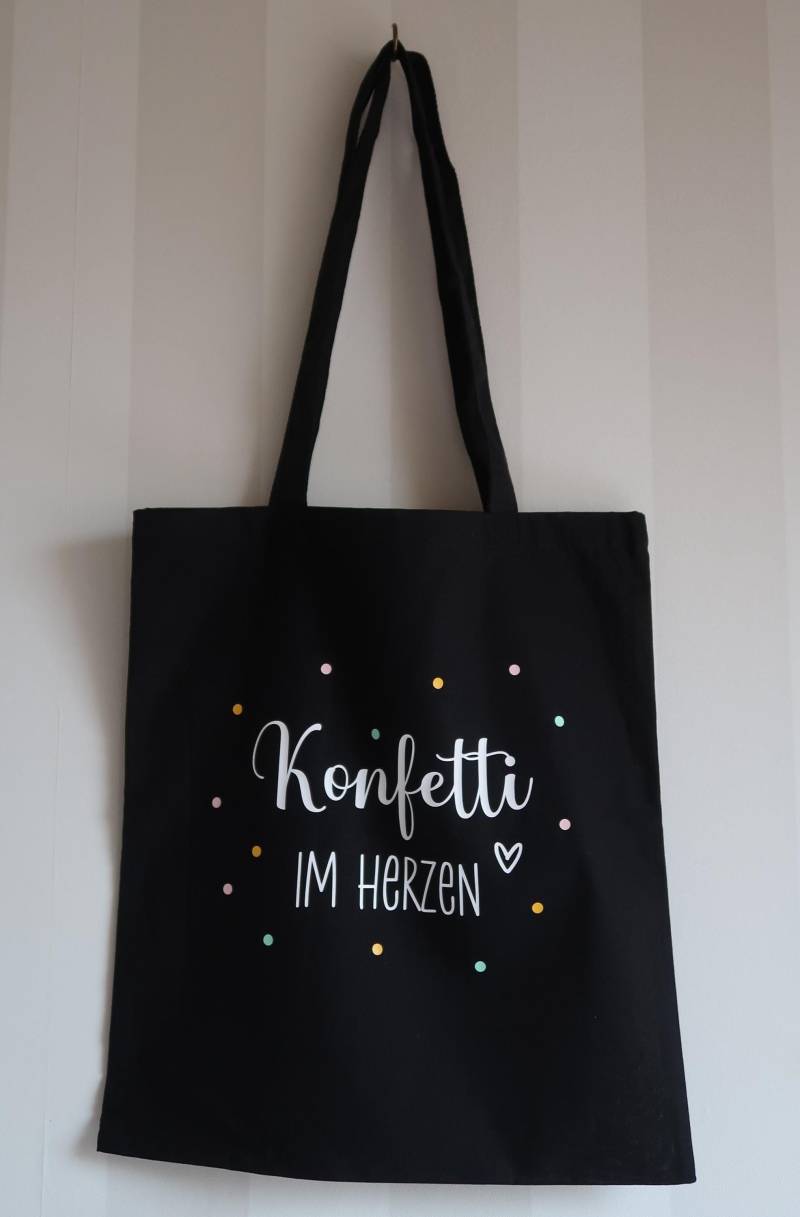 stofftasche Schwarz/Bunt "Konfetti Im Herzen", Lange Henkel, Tragetasche, Fasching, Karneval von Kreativiani