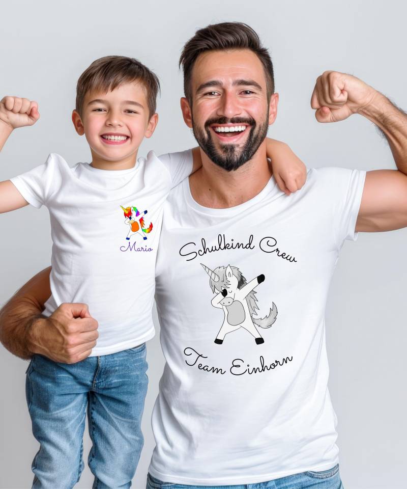 Einschulung Bundle Einhorn Shirt Kind Personalisiert + Mama Papa | Bio & Bella Canvas Bye Kindergarten Schulkind Crew Tshirt Set von KreativkomplizenShop