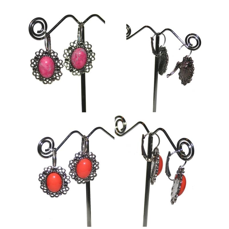 1 Paar Ohrringe Cabochon Koralle Howlith in Fassung Anhänger Gothic Medival Oh80 von KreativundGarten
