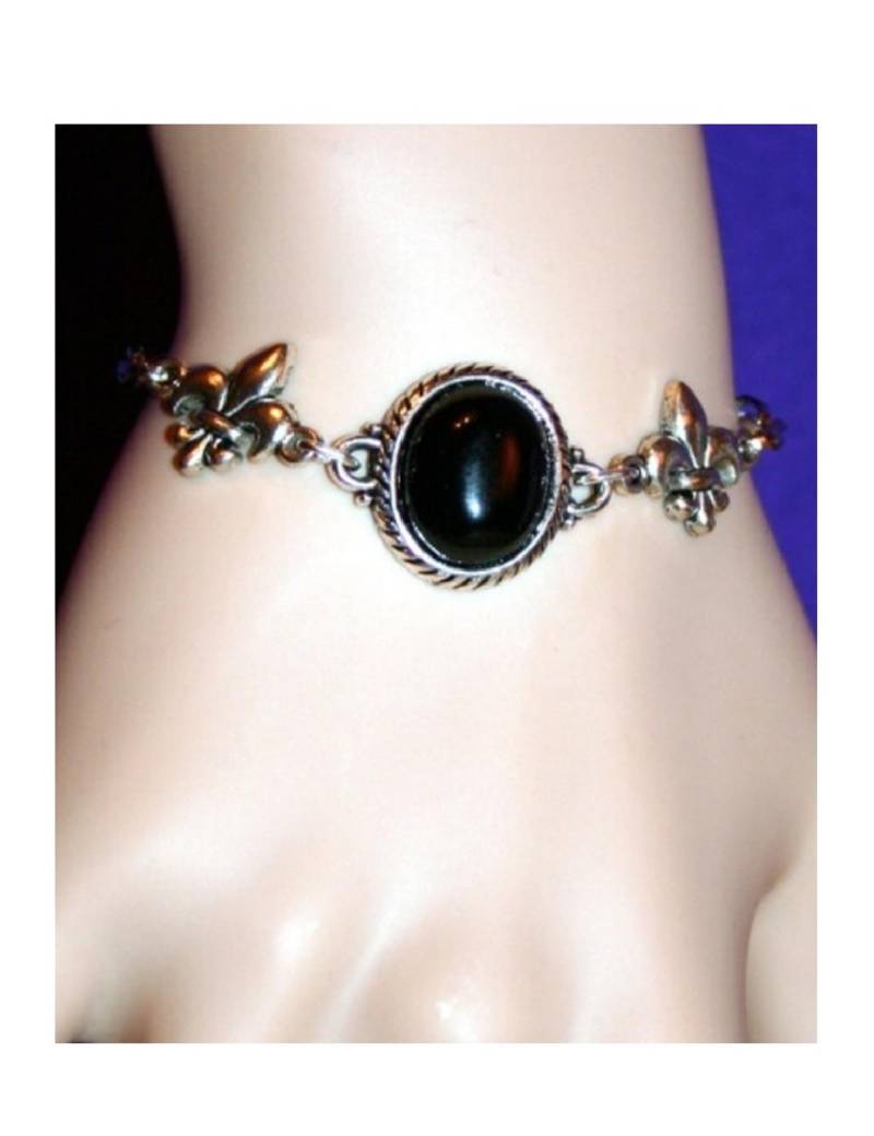 1x Armband Mit Onyx Cabochon Schwarz in Fassung Fleur De Lys Antiksilber Gothic Style Medival Victorian Halloween Ab14 von KreativundGarten