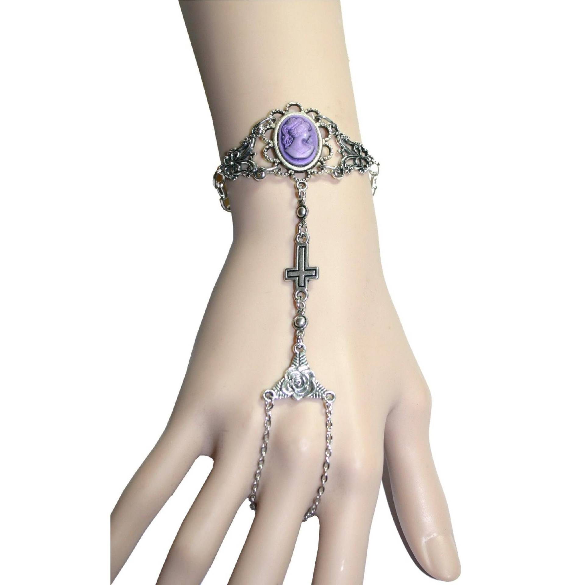 1x Armband Sklavenarmband Mit Lila Kamee „Victorian Lady" in Fassung Kreuz & Rosen Element Antiksilber Gothic Style Halloween Ab25 von KreativundGarten