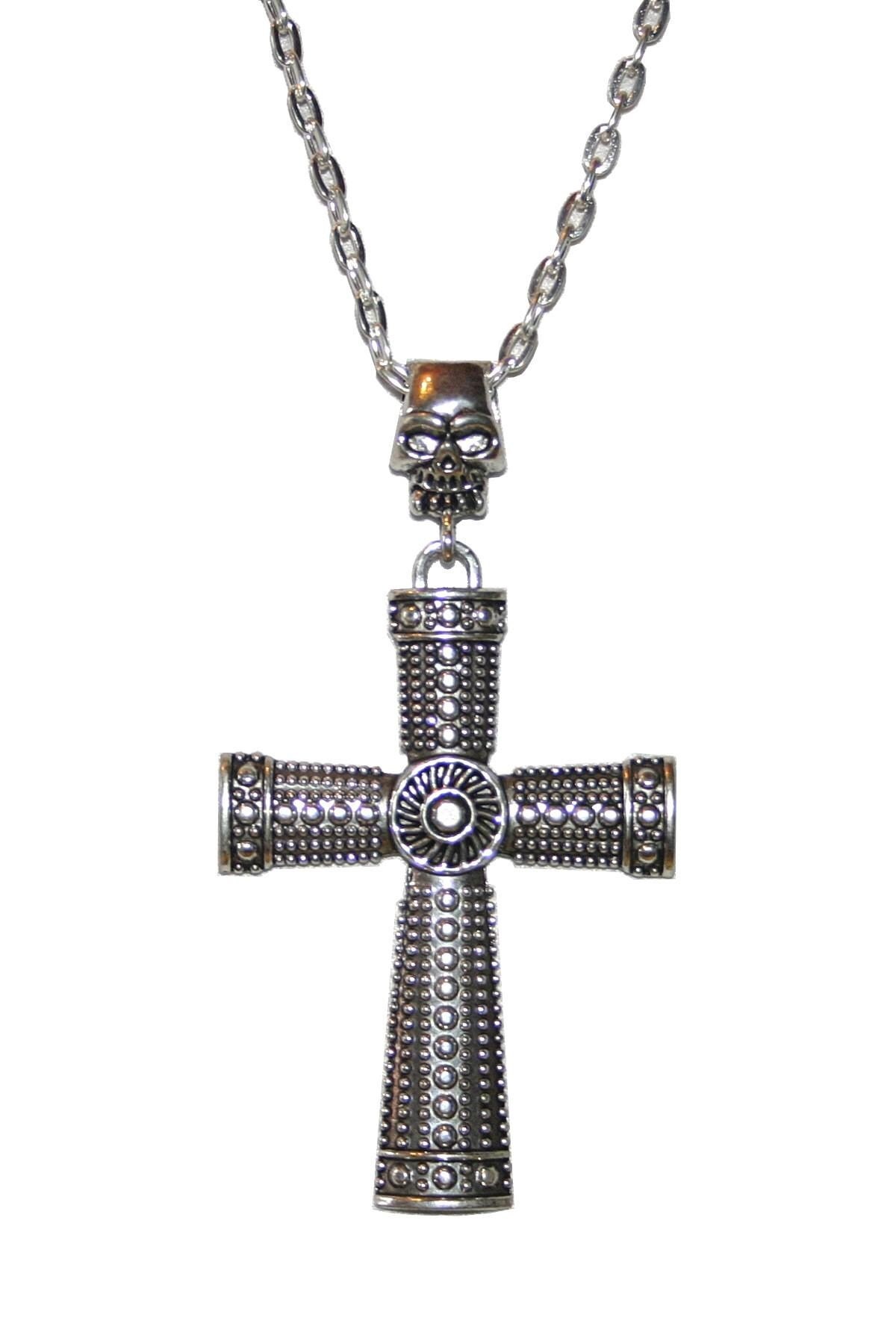 1x Halskette Endloskette Mit "Kreuz Skull" Anhänger Antiksilber Gothic Medival Halloween Mk41 von KreativundGarten