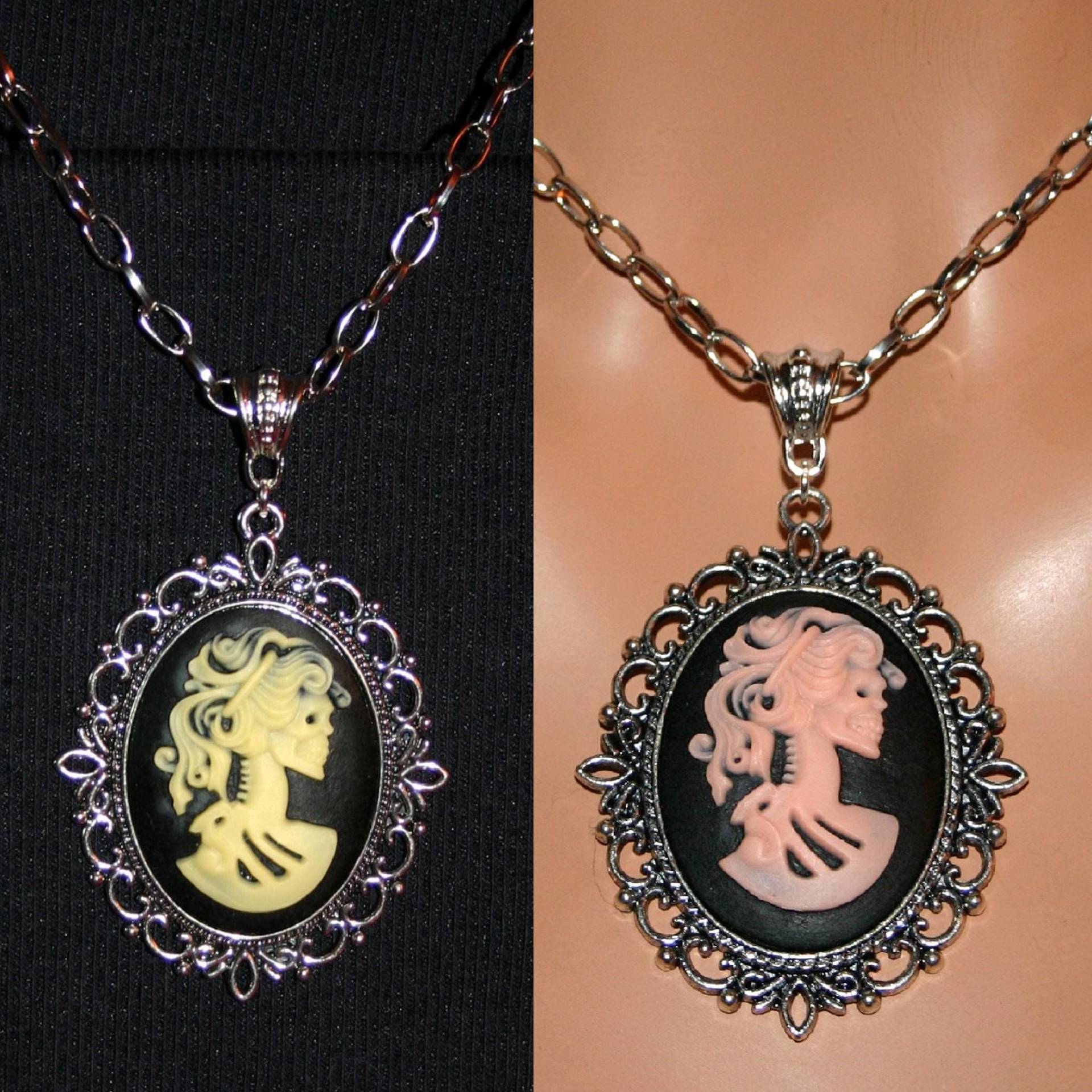 1x Halskette Mit Kamee „Skeleton Lady" in Fassung Anhänger Antiksilber Gothic Halloween Cb49 von KreativundGarten