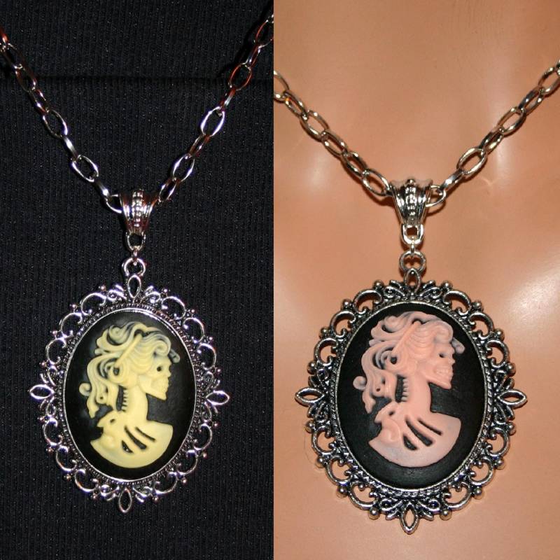 1x Halskette Mit Kamee „Skeleton Lady" in Fassung Anhänger Antiksilber Gothic Halloween Cb49 von KreativundGarten