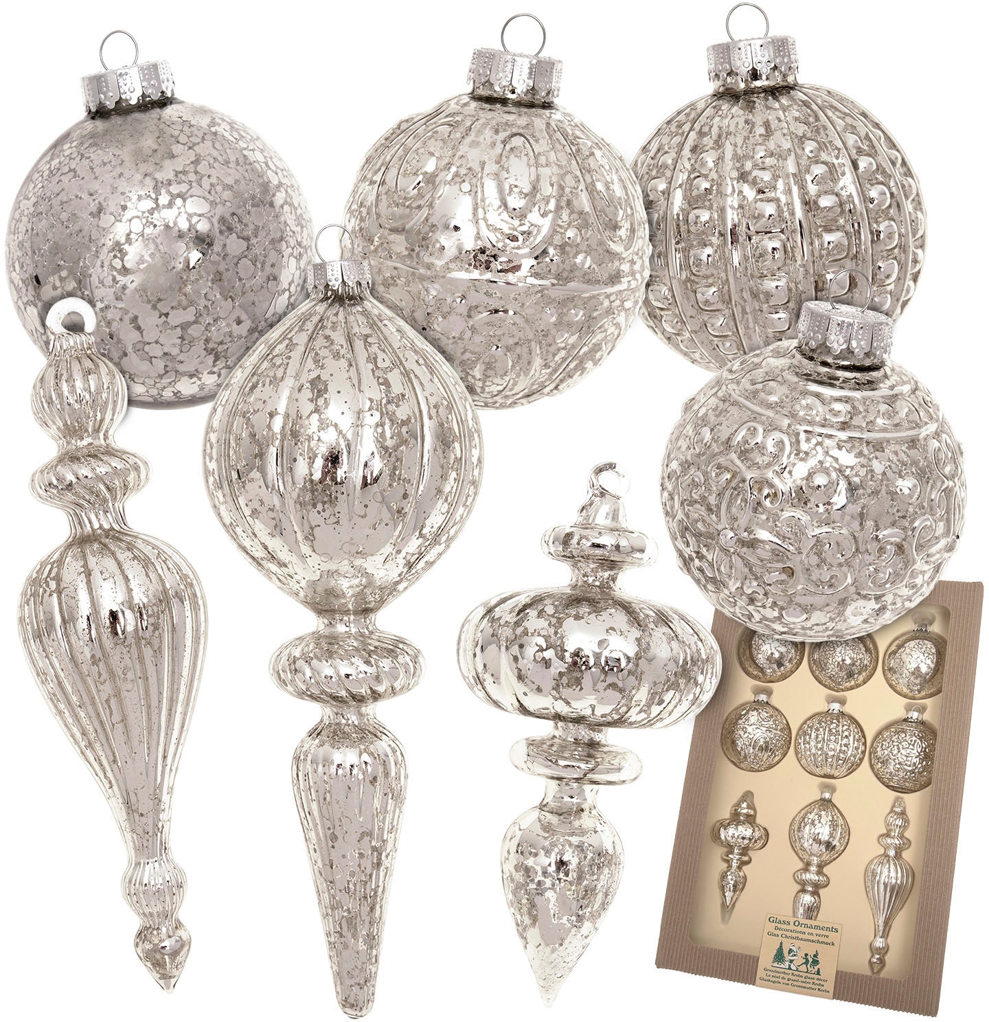 Krebs Glas Lauscha Christbaumschmuck "Antikes Mercury Glas Sortiment", (Packung, 9 tlg.), Christbaumschmuck aus Glas, mundgeblasen, handgefertigt von Krebs Glas Lauscha