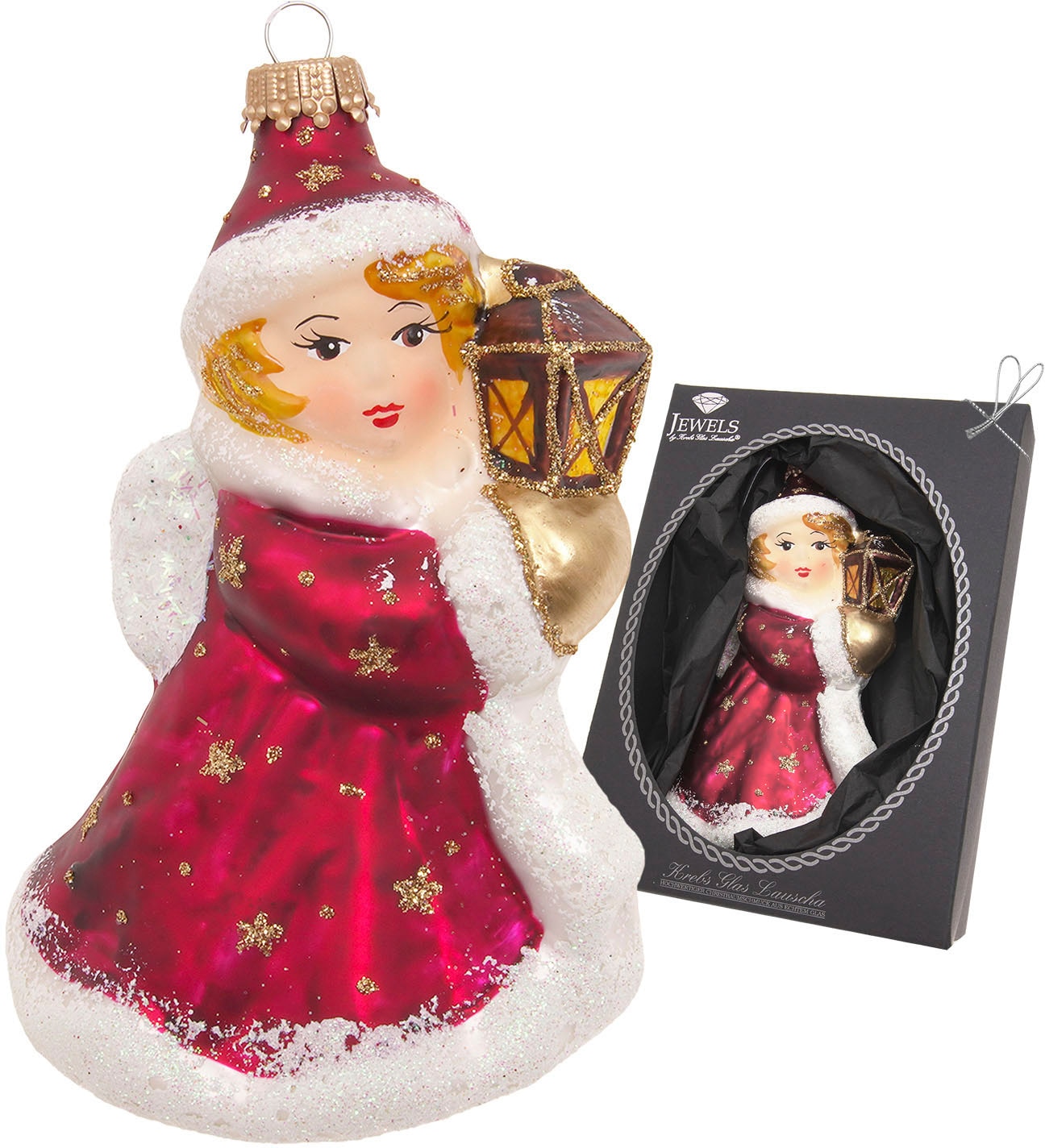 Krebs Glas Lauscha Christbaumschmuck "Engel mit Laterne, goldene Sterne" Christbaumschmuck aus Glas, mundgeblasen, handgefertigt, Engelsfigur von Krebs Glas Lauscha