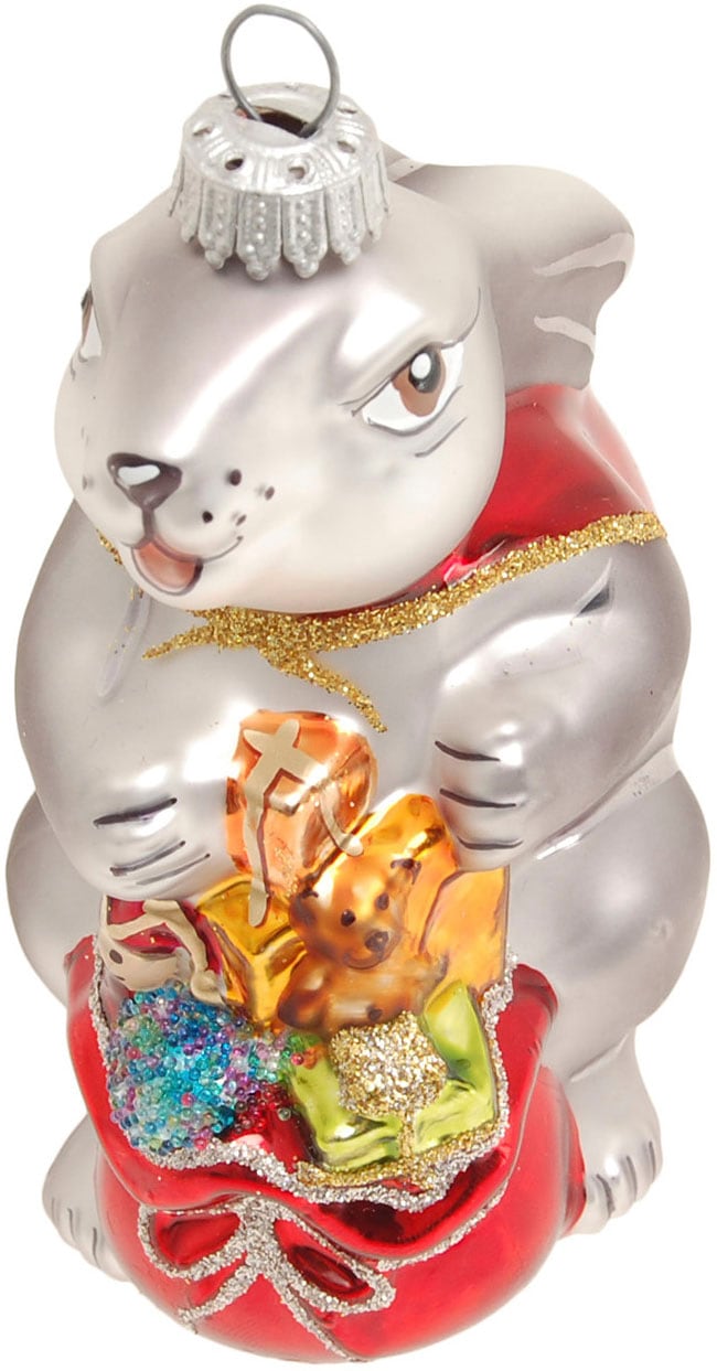 Krebs Glas Lauscha Christbaumschmuck "Hase Paul mit Geschenkesack, Höhe ca. 12 cm" Weihnachtsdeko, Weihnachtsbaumkugel, Christbaumkugeln aus Glas von Krebs Glas Lauscha