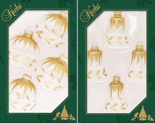 Krebs Glas Lauscha Christbaumschmuck "Kugeln und Glocken, Weihnachtsdeko, Christbaumschmuck" mit goldfarbenem Motiv, handdekoriert von Krebs Glas Lauscha