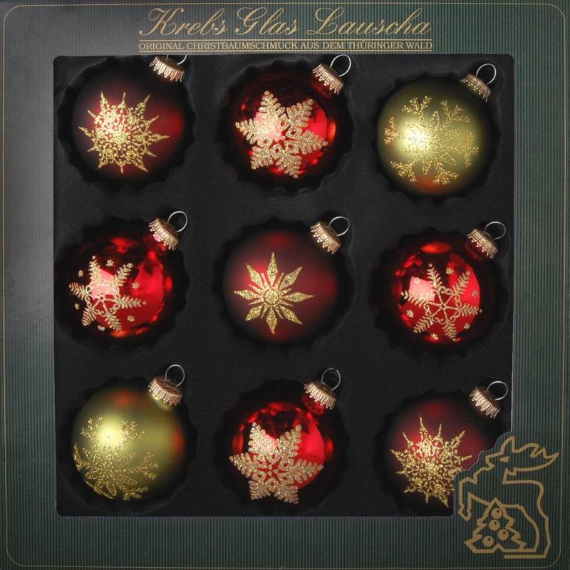 Krebs Glas Lauscha Weihnachtsbaumkugel "Schneeflocken, Weihnachtsdeko rot, Christbaumschmuck" hochwertige Christbaumkugeln aus Glas, mundgeblasen, rot/grün von Krebs Glas Lauscha