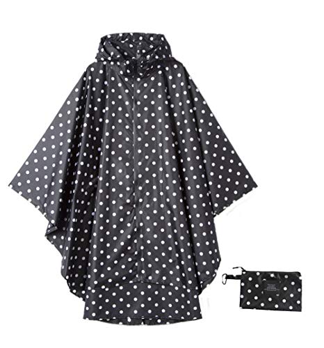 Krespuka Regenponcho für Damen, wasserdicht, mit Kapuze, Reißverschluss, Outdoor, Wandern, Radfahren, Schwarz mit weißen Punkten, Einheitsgröße von Krespuka