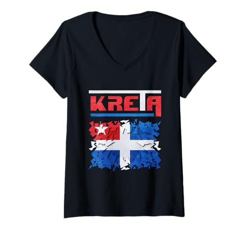 Damen Kreta-Flaggen-Emblem T-Shirt mit V-Ausschnitt Damen Kreta-Flaggen-Emblem T-Shirt mit V-Ausschnitt von Kreta Design
