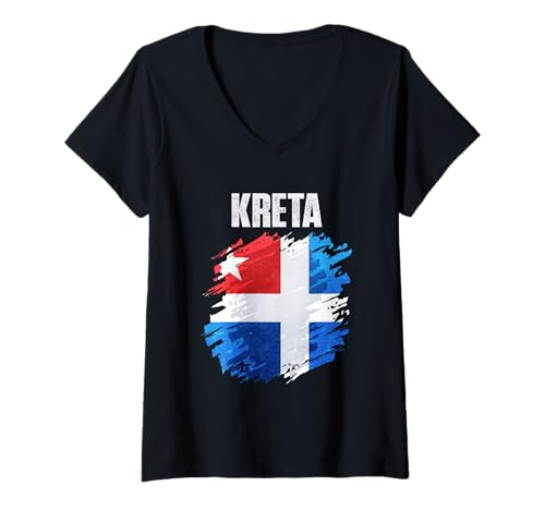 Damen Kreta-Flaggen-Emblem T-Shirt mit V-Ausschnitt Damen Kreta-Flaggen-Emblem T-Shirt mit V-Ausschnitt von Kreta Design