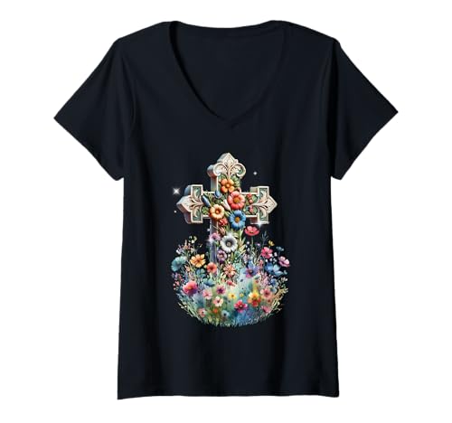 Damen Blumen Kreuz Natur Kreuze Christentum Kruzifix T-Shirt mit V-Ausschnitt Damen Blumen Kreuz Natur Kreuze Christentum Kruzifix T-Shirt mit V-Ausschnitt von Kreuz Kreuze Kruzifix