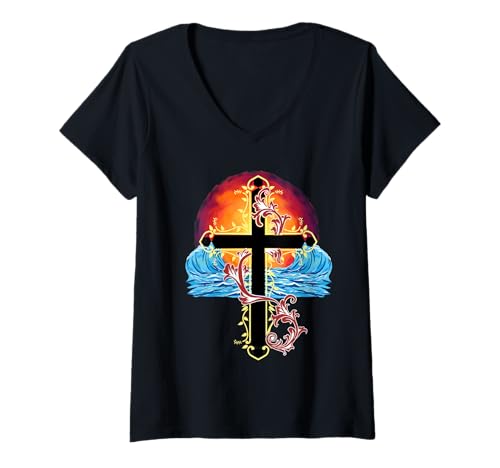 Damen Kreuz Meer Sonnenuntergang Jesus T-Shirt mit V-Ausschnitt von Kreuz Kreuze Kruzifix