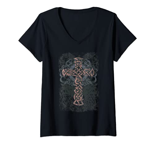 Damen Vintage Keltisches Kreuz T-Shirt mit V-Ausschnitt von Cross