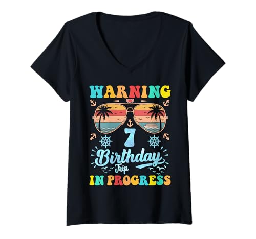 Damen Warnung 7. Geburtstagsreise in Arbeit Lustiger T-Shirt mit V-Ausschnitt von Kreuzfahrtwarnung Geburtstagsreise Urlaub cooles T