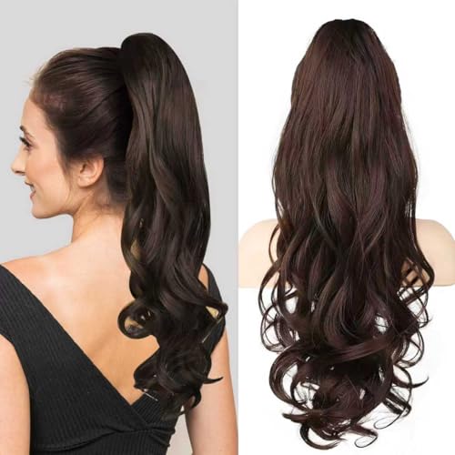 Pferdeschwanz Extension mit Klammer, Lange Wellige Lockige Haarextension 60cm, Synthetisches Haarteil mit Claw Clip, Zopf Haarverlängerung für Damen, Ponytail Verlängerung (Braun) von Krfapt