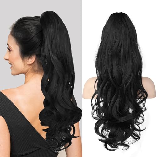 Pferdeschwanz Extension mit Klammer, Lange Wellige Lockige Haarextension 60cm, Synthetisches Haarteil mit Claw Clip, Zopf Haarverlängerung für Damen, Ponytail Verlängerung (Schwarz) von Krfapt