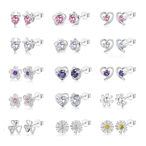 KRFY 15 Paare Silber Ohrstecker Set für Damen Mädchen Cubic Zirkonia Ohrring Kristall Runde Herzform CZ Blume Schmetterling Ohrringe Set für Frauen Mädchen Schmuck von Krfy