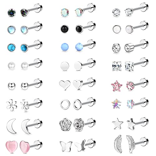 KRFY 24Paar Silber Ohrringe Set Edelstahl für Damen Mädchen 20G 316L Chirurgenstahl Hypoallergene Tragus Knorpel Sleeper Ohrstecker Schmuck Geschenke für empfindliche Ohr Piercing mit Boxen von Krfy