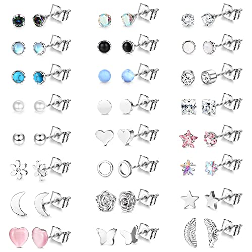 KRFY 24Paare Ohrstecker Set Edelstahl für Damen Mädchen kleine Mehrere Geometrische Winzige Kugel Stern Herz Piercing Ohrstecker Cubic Zirkonia Schmetterling Zurück Ohrringe Set von Krfy