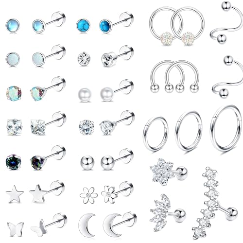 KRFY 40Pcs 20G Piercing Ohr Knorpel Ohrringe Set für Damen CZ Opal Hypoallergener Stern Mond Creolen Helix Ohrring Zirkonia Ohr Piercing Ohrringe Ohrstecker Knorpel Helix Tragus Piercing Ohr von Krfy