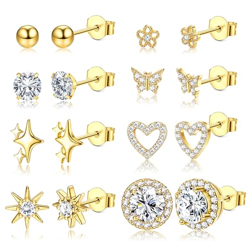 KRFY 8Stück Ohrringe Gold/Silber Set 18 K Weißgold Hypoallergene Chirurgenstahl Ohrringe Damen Brillant Simulierte Ohrstecker Gold/Silber Wasserfest Tragus Piercing Ohr Set von Krfy