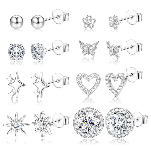 KRFY 8Stück Ohrringe Silber Set 18 K Weißgold Hypoallergene Chirurgenstahl Ohrringe Damen Brillant Simulierte Ohrstecker Silber Wasserfest Tragus Piercing Ohr Set von Krfy