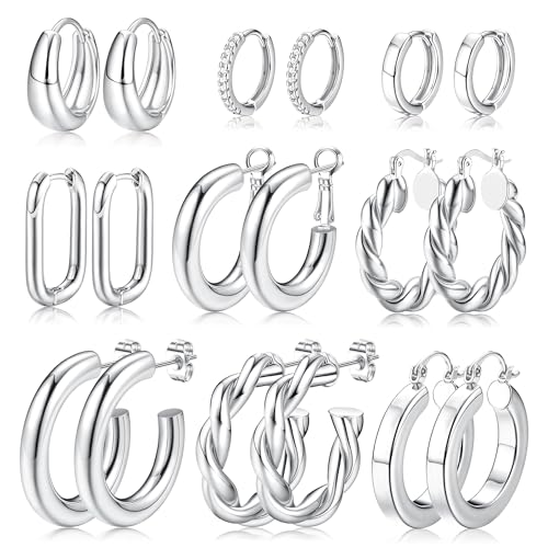 KRFY 9 Paar Silber Creolen Set für Damen Mädchen - 14K Gold Vergoldet Chunky Ohrringe Multipack - Hypoallergene Leichte Hohle Dicke Offene Verdrehte Huggie Creolen von Krfy