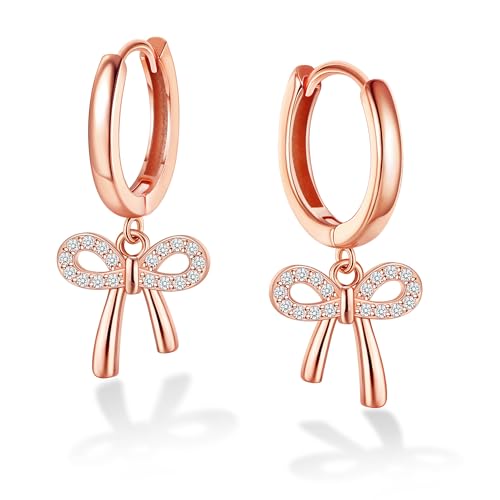 KRFY Rosegold Ohrringe Creolen für Damen Silber 925 Hängend Hypoallergene Creolen mit Anhänger Bow Kleine zierliche Gold Ohrringe für Damen Mädchen von Krfy