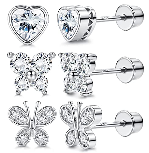 KRFY Hypoallergene Ohrstecker für Damen Mädchen Sterling Silber Rhodium überzogene Ohrringe Kleinkind Sichere Schraube Zurück Ohrringe Cubic Zirkonia Ohrstecker Set von Krfy