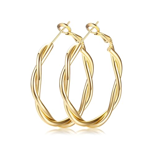 KRFY Creolen 925 Sterling Silber Post für Damen, Hypoallergene 14K Gold Plattiert Hollow Tube Creolen Ohrringe, Gold Creolen Ohrringe Schmuck 38mm von Krfy