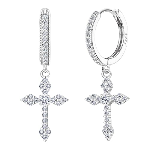 KRFY Kreuz Ohrringe 925 Sterling Silber für Damen Herren Zierlich Klein Huggie Ohrringe Creolen mit Kreuz Leichtgewicht Hypoallergen 18K Vergoldet Hängend Creolen Silber von Krfy